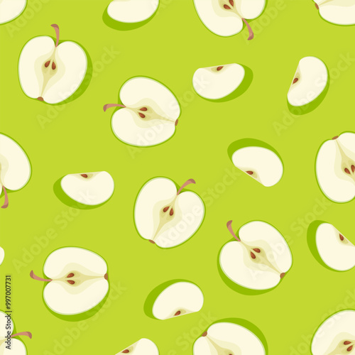 Slices of green apples seamless pattern. Fresh fruits background. Vector cartoon flat illustration.