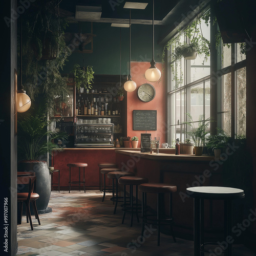 Cozy café interior with warm lighting and vintage décor