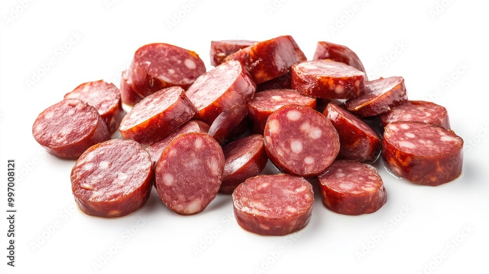A single gourmet sausage sliced into bite-sized pieces, arranged on a white background, showcasing its juicy interior and perfect for food presentations. A single gourmet sausage sliced into bite-sized pieces, arranged on a white background, showcasing its juicy interior and perfect for food presentations.