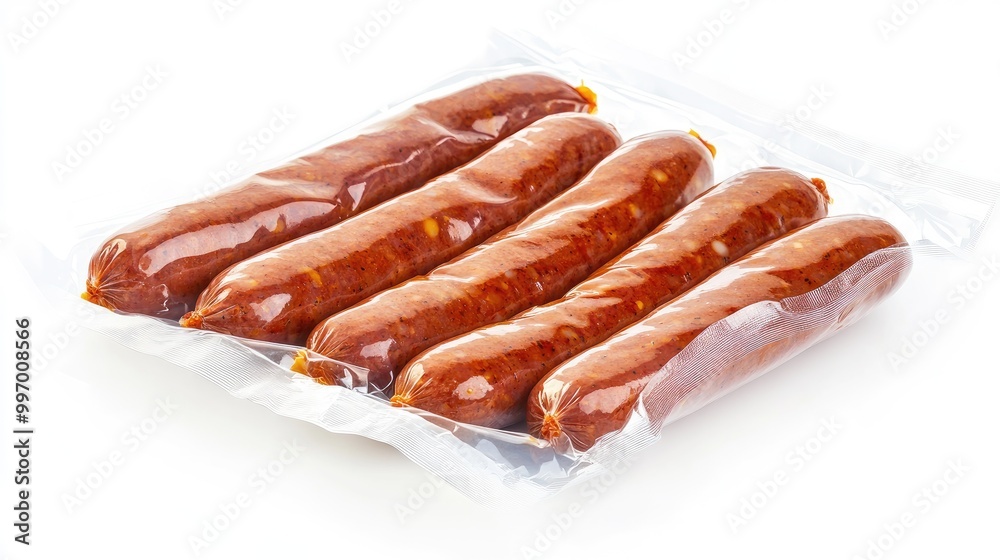 A vacuum-sealed package of spicy sausages, displayed on a white background, focusing on the airtight packaging and fresh appeal of the product. A vacuum-sealed package of spicy sausages, displayed on a white background, focusing on the airtight packaging and fresh appeal of the product.