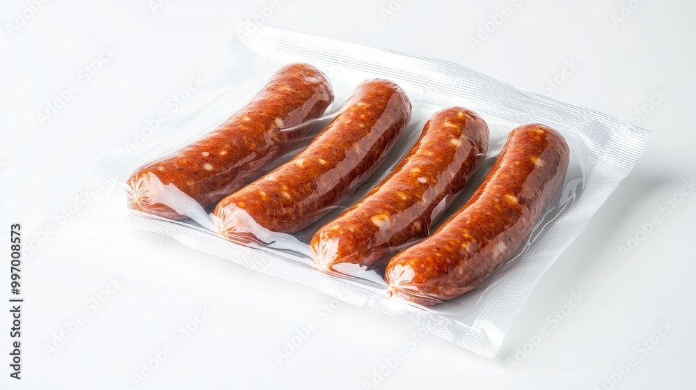A vacuum-sealed package of spicy sausages, displayed on a white background, focusing on the airtight packaging and fresh appeal of the product.