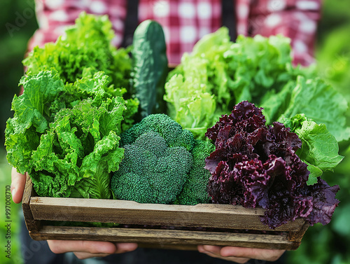 Freshly harvested leafy greens in wooden crate for farm-to-table cooking