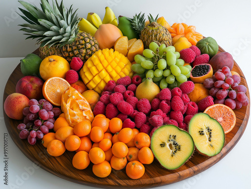 Vibrant tropical fruit platter with pineapples, mangoes, and berries