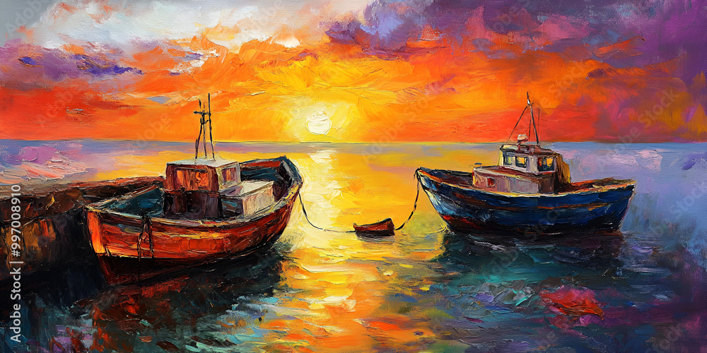Obraz premium Serene Sunset with Rowboat on Calm Waters