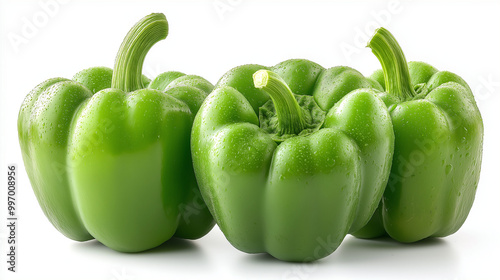 Fresh green bell peppers with water droplets on white background