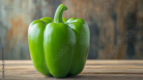 Fresh green bell pepper on rustic wooden surface