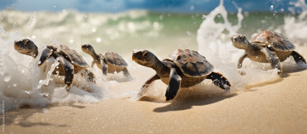 Fototapeta premium Baby Sea Turtles Making Their Way to the Ocean