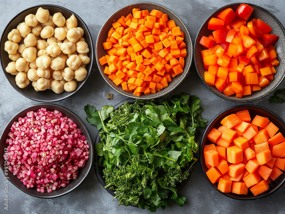 Fresh chopped vegetables and chickpeas arranged in bowls for healthy meal preparation Fresh chopped vegetables and chickpeas arranged in bowls for healthy meal preparation