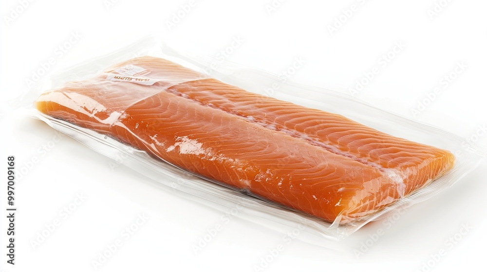 A vacuum-sealed trout fillet with a visible label, displayed on a white background, emphasizing freshness and high-quality seafood. A vacuum-sealed trout fillet with a visible label, displayed on a white background, emphasizing freshness and high-quality seafood.
