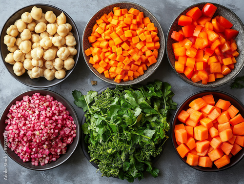 Fresh chopped vegetables and chickpeas arranged in bowls for healthy meal preparation