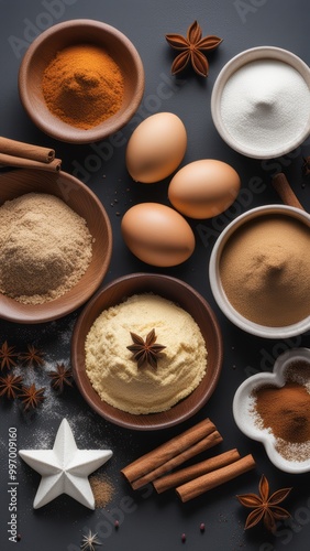 Whole eggs surrounded by various spices and seasonings on a dark surface.