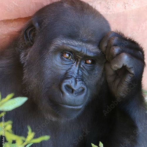 This striking close-up photograph captures a contemplative gorilla in a quiet moment, highlighting its expressive eyes and thoughtful gaze. The image emphasizes the deep intelligence and emotion evide photo