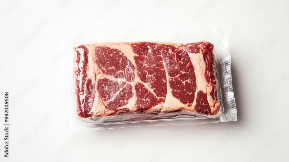A well-marbled chuck steak packaged in plastic, arranged on a clean white background, highlighting its quality and ready-for-sale condition. A well-marbled chuck steak packaged in plastic, arranged on a clean white background, highlighting its quality and ready-for-sale condition.