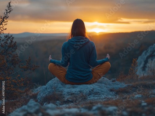 Meditation at sunset on a rocky outcrop with serene valley view
