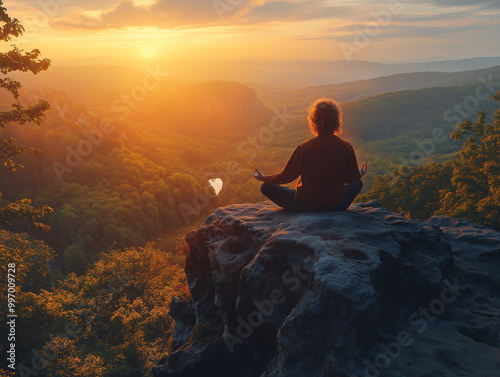 Meditating at sunset on a cliff with breathtaking valley view