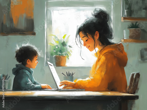Cozy scene of mother and child bonding while working from home in soft sunlight