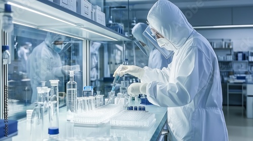 A team of scientists in full protective gear working in a high-tech laboratory, handling test tubes and conducting scientific research under sterile conditions