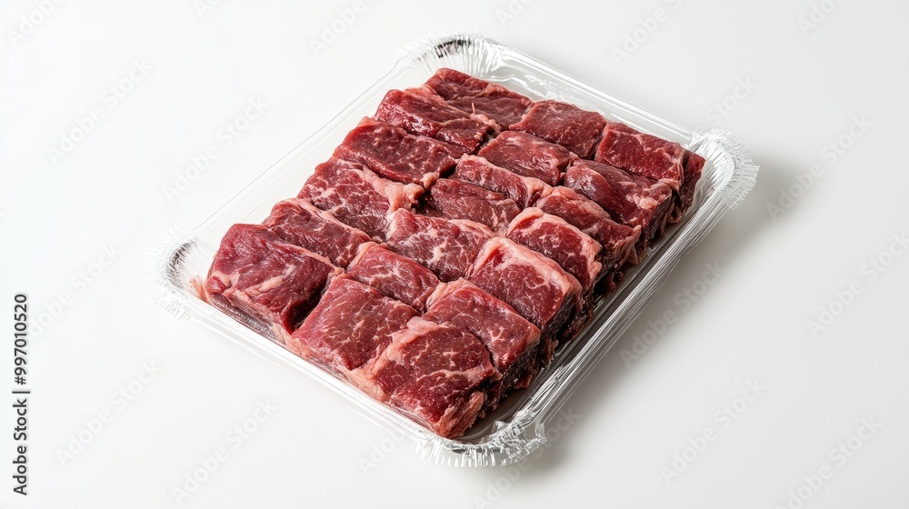Fototapeta premium Brisket in airtight packaging with a label, arranged on a clean white background, perfect for retail display of premium meat cuts.