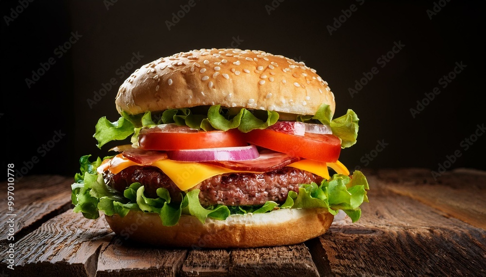 Tasty burger with its ingredients on the side and black background 4 Tasty burger with its ingredients on the side and black background 4