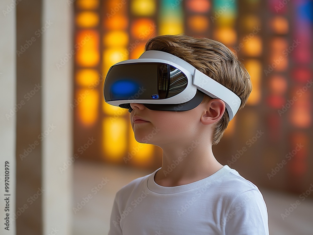 Side profile of a boy wearing a VR headset against a colorful background. Futuristic technology concept for children's education and entertainment Side profile of a boy wearing a VR headset against a colorful background. Futuristic technology concept for children's education and entertainment
