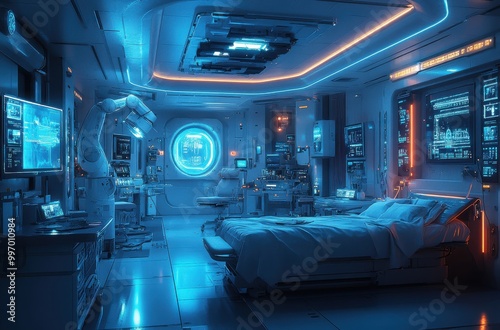 Futuristic hospital operating room featuring robotic arms and advanced technology enhancing medical procedures at a modern healthcare facility