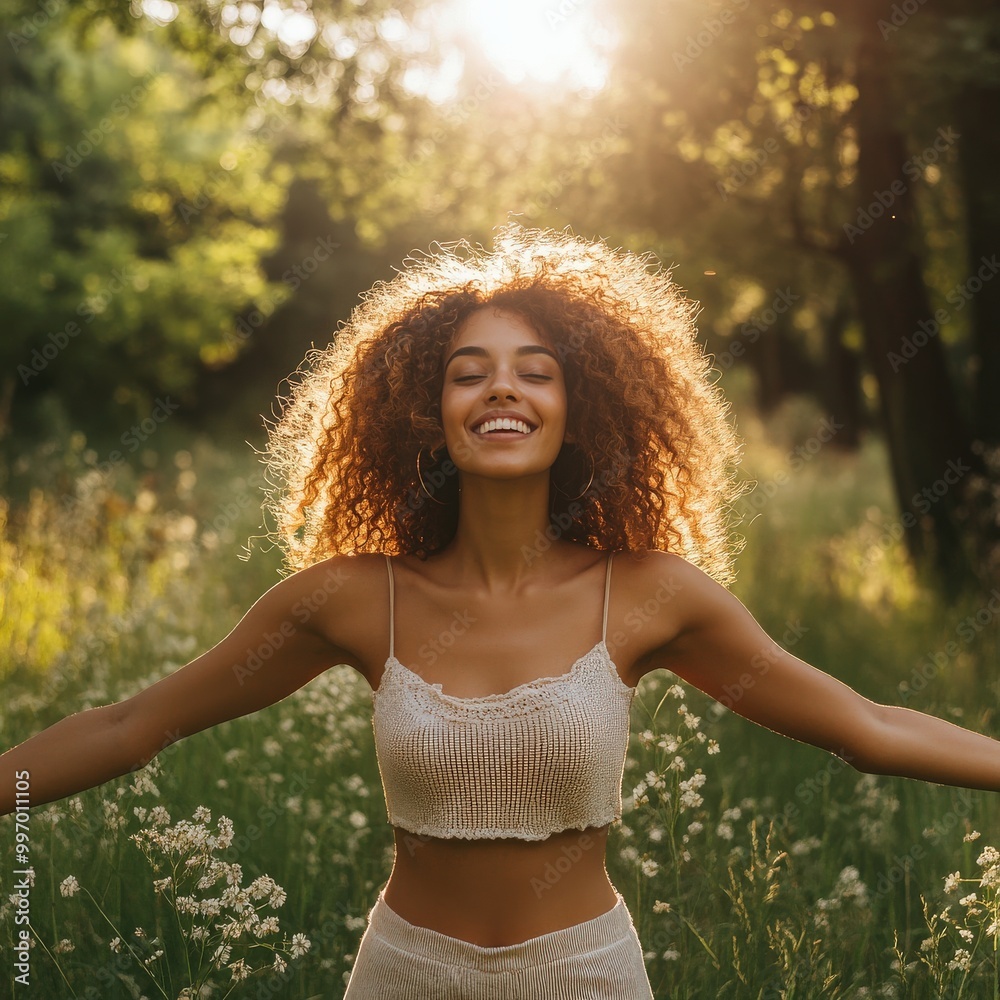 Happy woman with arms open in a sunlit meadow, enjoying nature and freedom Happy woman with arms open in a sunlit meadow, enjoying nature and freedom
