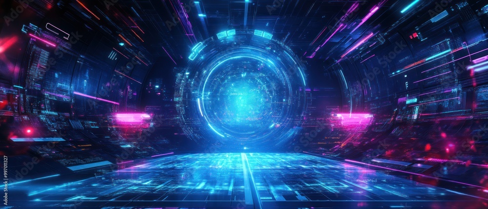 Futuristic abstract HUD digital display glowing blue neon cyberpunk technology background wallpaper AI generated image
