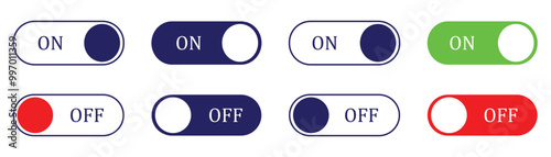 ON and OFF button silhouette set. Set of power on and off switch icon collection isolated on white background. Toggle switch symbol blue, red and green on and off switch button. Vector illustration.