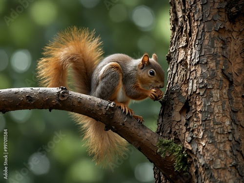 Squirrel sitting on a branch with a nut.