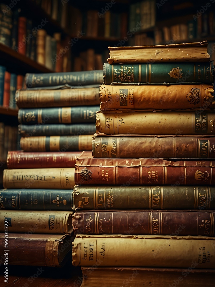 Stack of old books in a library for a historical theme. Stack of old books in a library for a historical theme.
