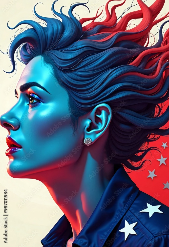 Obraz premium A woman with blue hair and red lips is shown with a starry background