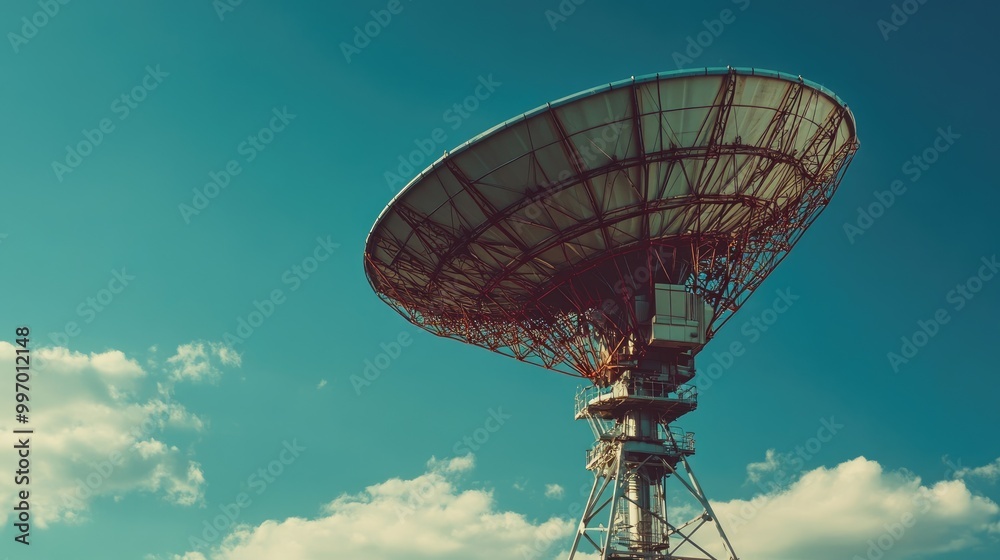 Close-up of a radar dish receiver from a low angle, highlighting its sleek lines and functional design, perfect for showcasing telecommunications technology. Close-up of a radar dish receiver from a low angle, highlighting its sleek lines and functional design, perfect for showcasing telecommunications technology.