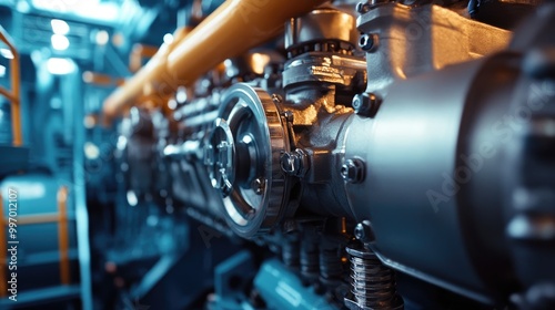 Close-up of a large ship engine with intricate mechanical parts, emphasizing power and industrial strength in a maritime setting, perfect for engineering concepts.