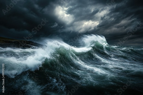 Dark Stormy Waves Crashing Against Rocky Shoreline