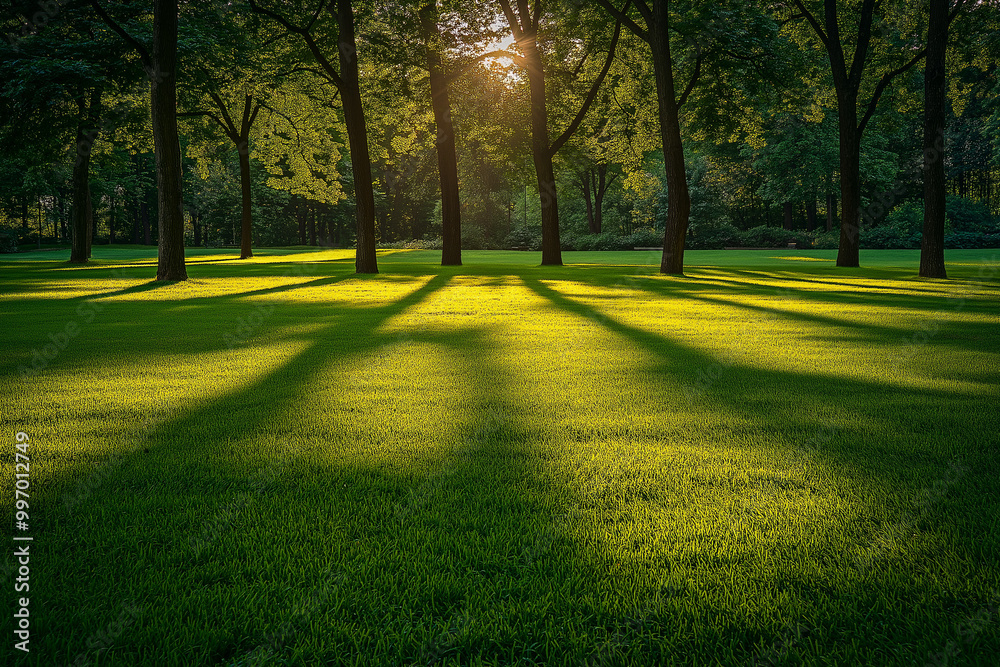 Serene Park's Grass Field Basks in Sunlight, Casting Long Shadows Across Peaceful Landscape Serene Park's Grass Field Basks in Sunlight, Casting Long Shadows Across Peaceful Landscape