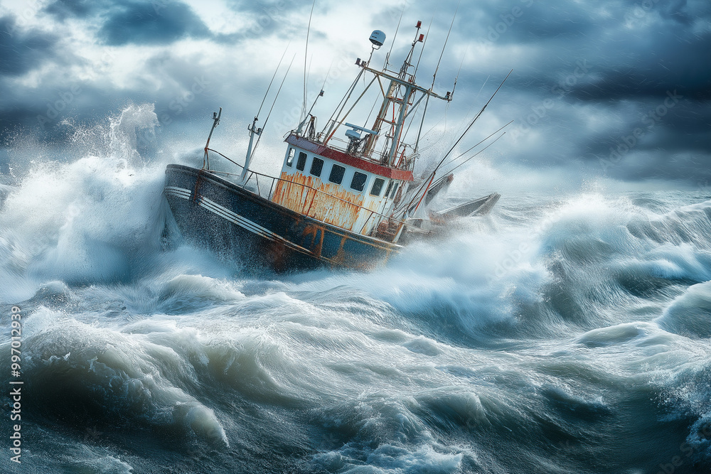Obraz premium Fishing Trawler Navigates Rough Seas as Powerful Waves Splash Over Bow, Challenging Crew's Skill
