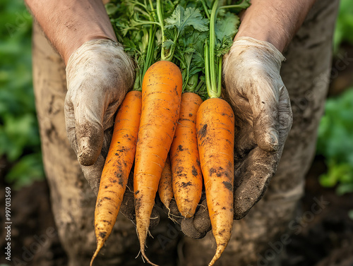 Freshly harvested organic carrots with green tops in farmer's hands