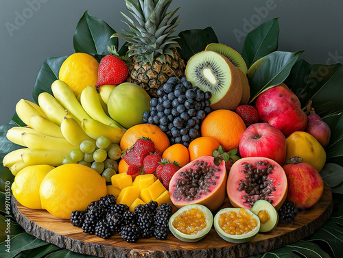 Fresh tropical fruit assortment with papaya, kiwi, and passion fruit on rustic platter