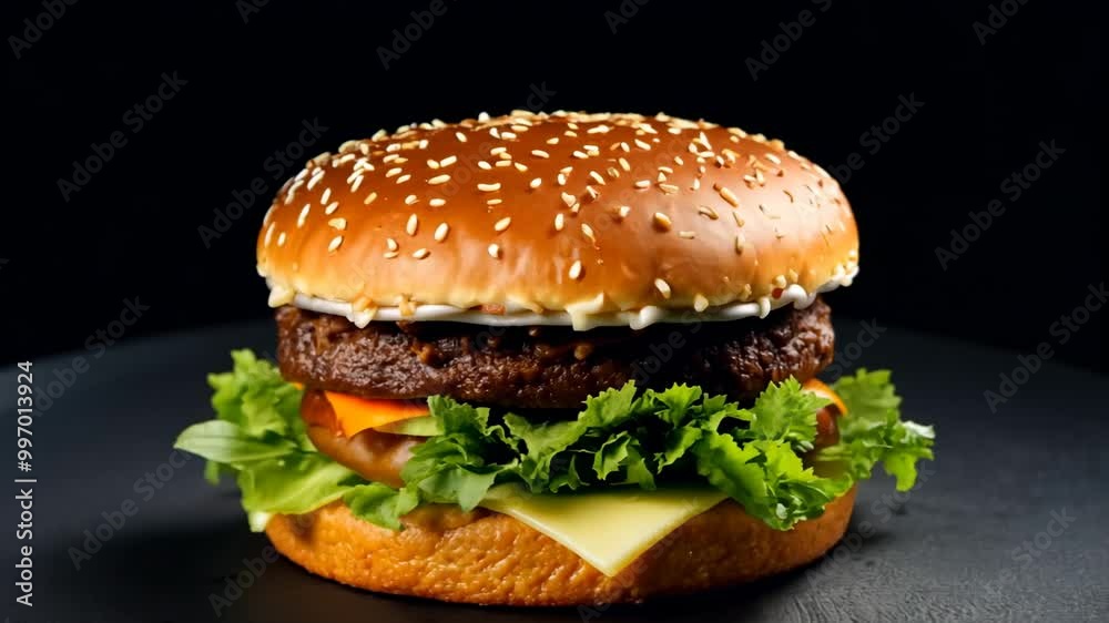 Juicy burger with fresh lettuce, cheese, and a toasted sesame seed bun rotates on a black background