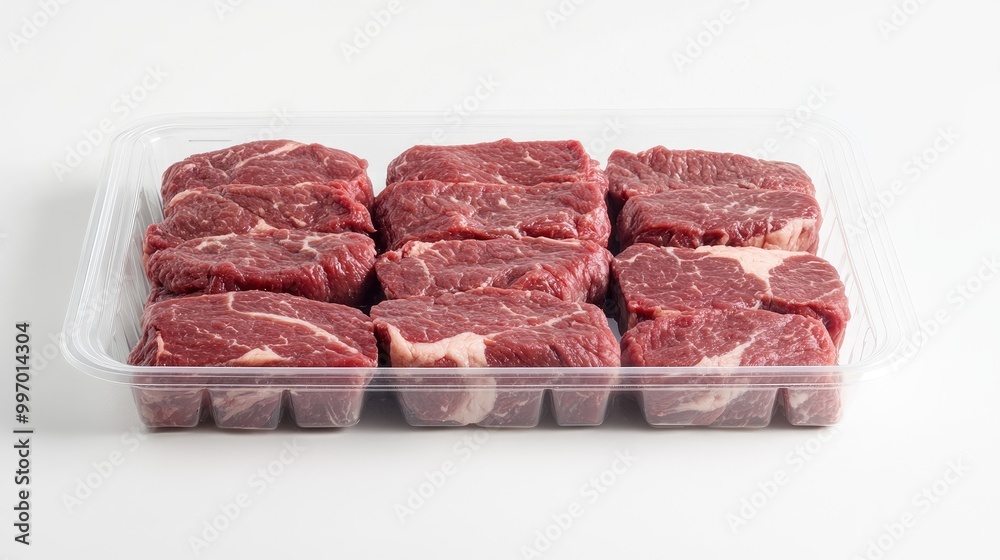 Fresh chuck steak in a clear plastic tray, neatly arranged on a white background, showcasing its ready-to-cook appeal for retail. Fresh chuck steak in a clear plastic tray, neatly arranged on a white background, showcasing its ready-to-cook appeal for retail.