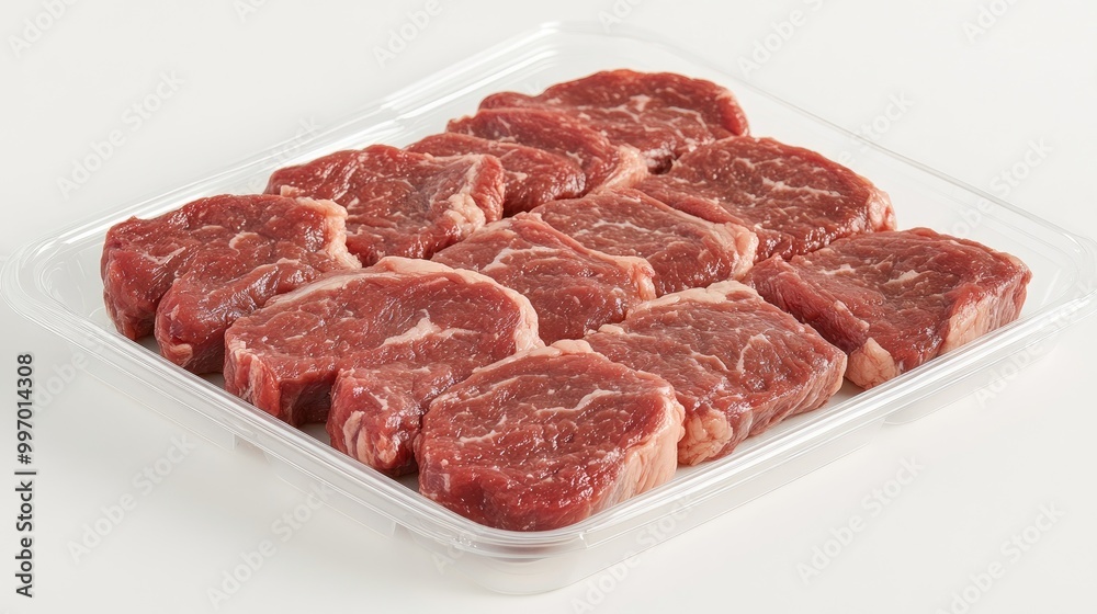 Fototapeta premium Fresh chuck steak in a clear plastic tray, neatly arranged on a white background, showcasing its ready-to-cook appeal for retail.
