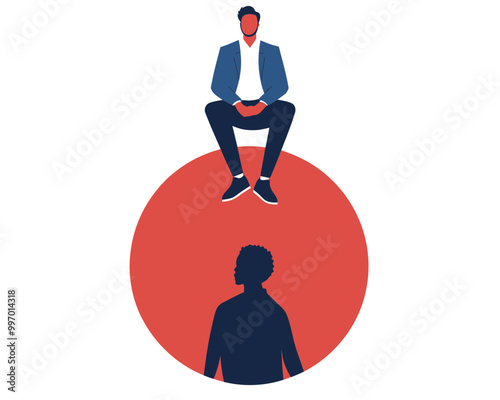 Human Inequality and Injustice: Businessman Sitting Atop Injustice Symbol Above Person of Color Representing Discrimination, Racism, and Social Unfairness in Flat Minimalist SVG Vector Style