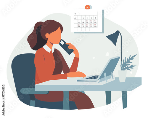 Businesswoman Secretary Answering Phone at Office Desk with Computer and Calendar, Flat Minimalist Vector Illustration