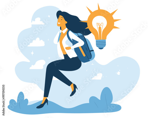 Businesswoman Flying with Lightbulb Jetpack Representing Idea Innovation and Career Growth in Flat Minimalist Vector