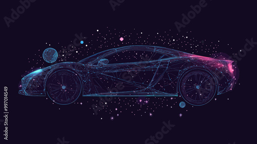 Futuristic Sport Car in Starry Sky Created from Lines and Shapes, Vector Wireframe Concept of Space and Technology