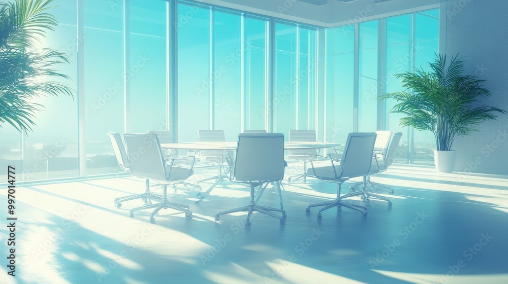 Fototapeta premium Tranquil Corporate Meeting Room with Panoramic Window Views