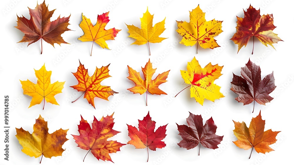 Fototapeta premium Colorful Autumn falling leaves isolated on transparent background. Ai Generative 
