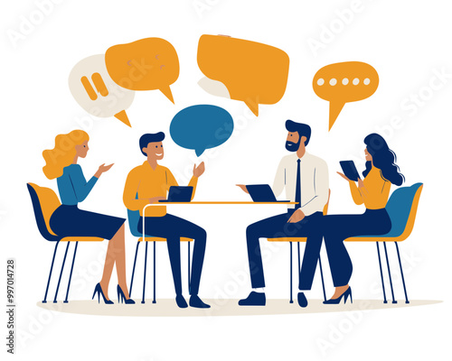 Business Team Brainstorming Meeting Illustration - Colleagues Discussing Ideas with Speech Bubbles in Modern Office - Flat Minimalist SVG Vector