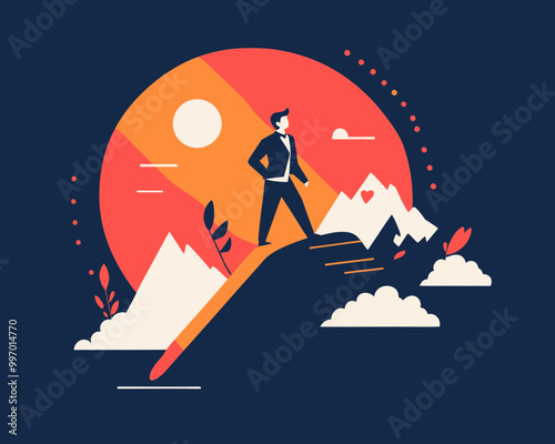 Confident Businessman Looking at Next Goal with Vision and Motivation, Flat Minimalist Vector for Forecast, Business Challenge, and Success Concept
