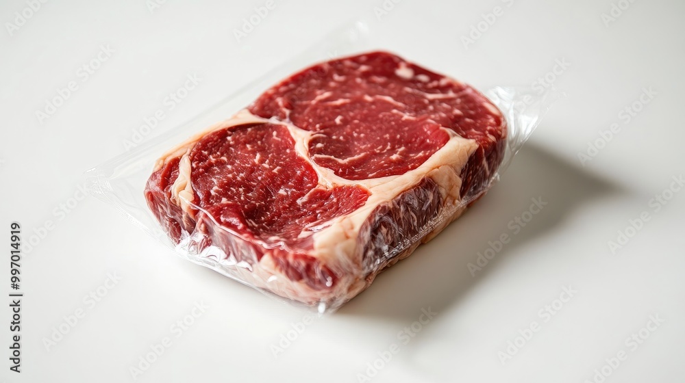 Fresh ribeye steak, neatly packed in plastic wrap with visible marbling, displayed on a simple white background, highlighting product freshness. Fresh ribeye steak, neatly packed in plastic wrap with visible marbling, displayed on a simple white background, highlighting product freshness.